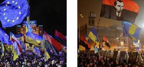  EU and neo-Nazi flags flying together at Kiev 'protests'.